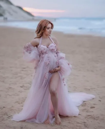 Miniatura 2 de Vestidos de maternidad de manga larga con hombros descubiertos para sesión de fotos de tul con apliques de encaje, vestido de embarazo, vestido
