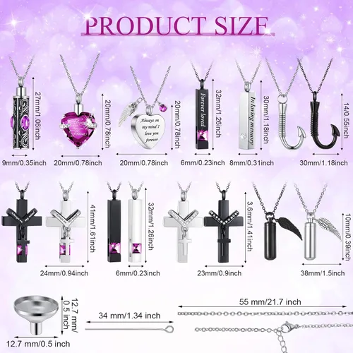 Miniatura 16 de 16 piezas de collar de urna para cenizas, medallón de cenizas talladas de acero inoxidable impermeable con 8 kit de relleno, cilindro de corazón