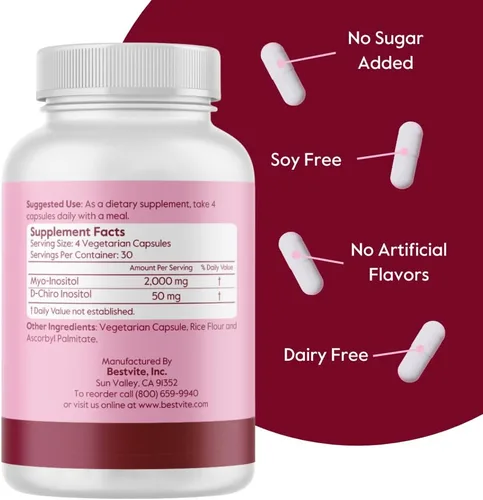 Miniatura 3 de BESTVITE Myo & D-Chiro Inositol (120 cápsulas vegetarianas) - Proporción 40:1 - Sin estearatos - Vegano - Sin OMG - Sin gluten