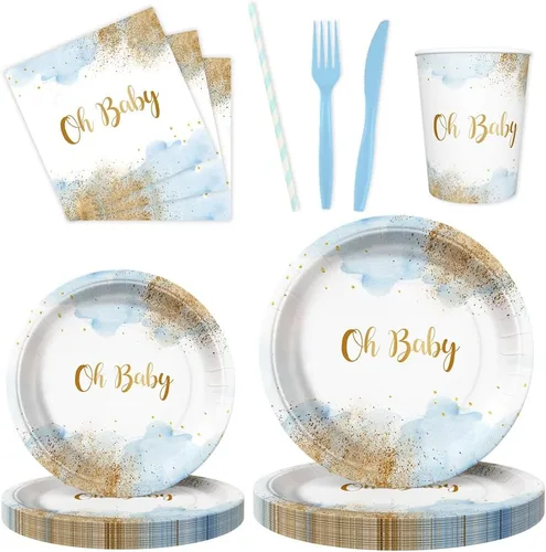 AIBIIN 112 piezas de decoración de fiesta de baby shower, niños, acuarela, azul pastel, suministros de fiesta de baby shower, vajilla desechable,
