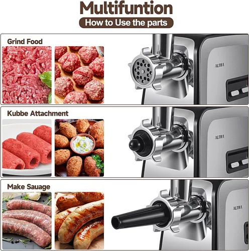Miniatura 3 de ALTRA LIFE Picadora de carne eléctrica, relleno de salchichas máximo de 2800 W con 2 cuchillas, 3 platos, tubo de salchicha, rallador de queso
