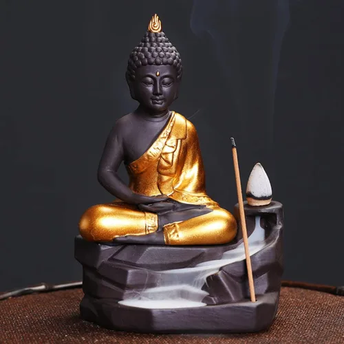 Golden Buddha - Quemador de incienso zen, soporte para incienso árabe, cascada de humo, estufa oriental de aromaterapia decorativa (A)