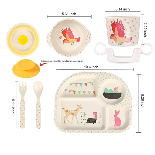 Miniatura 2 de shopwithgreen - Juego de 7 piezas de bambú para niños - Vajilla para niños - Plato, cuenco, taza, cuchara y tenedor; vajilla de dibujos animados