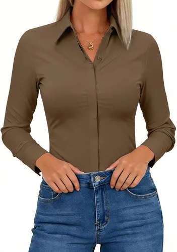 Miniatura 11 de Aoudery Button Down Shirts for Women Slim Fit Long Sleeve Stretch Dress Shirts Work Shirt Wrinkle Free