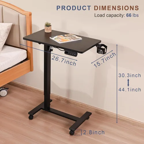 Miniatura 3 de Mesa eléctrica para colocar sobre la cama con ruedas, altura ajustable, mesa auxiliar reclinable, en forma de C, pequeño escritorio para computadora