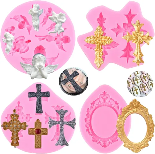 Mujiang Moldes de silicona cruzados, marcos de fotos, Fondant Angel Baby Candy, marco de fotos barroco, moldes cruzados para baby shower, decoración