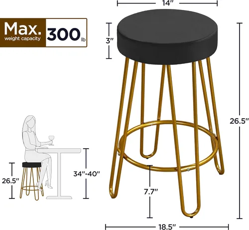 Miniatura 3 de Yaheetech Juego de 2 taburetes de bar, taburetes redondos de terciopelo, sillas de bar de altura de mostrador sin respaldo con patas doradas