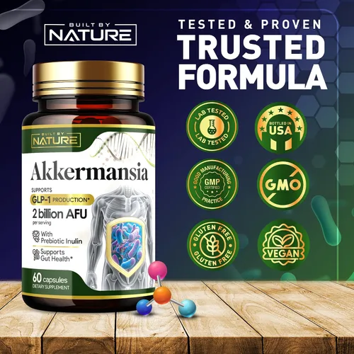 Miniatura 7 de Built by Nature Akkermansia Muciniphila Probiótico, 60 Cápsulas 2 mil millones de AFU, apoya GLP-1, salud intestinal inmune y digestiva