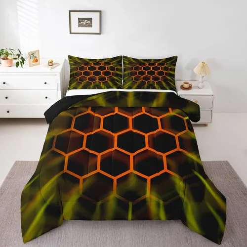 Miniatura 20 de Juego de ropa de cama individual de panal para niños y niños, color negro, verde azulado, azul, hexagonal, geométrico, patrón de colmena, edredón