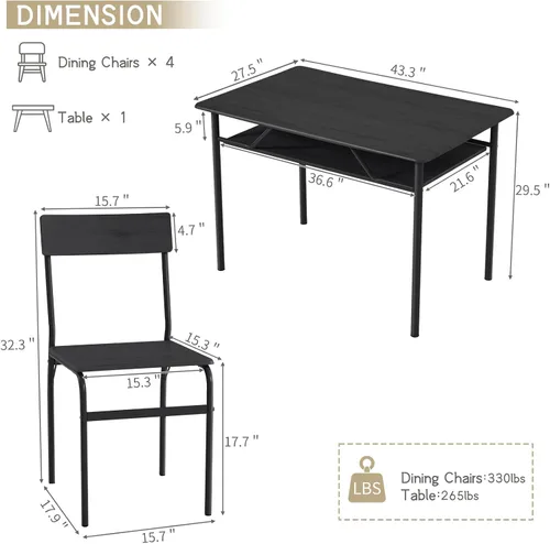 Miniatura 6 de ECOTOUGE Juego de mesa de comedor para 4, mesa de cocina de madera y sillas con estantes de almacenamiento y marco de metal, juegos de mesa