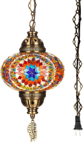 Miniatura 8 de DEMMEX Lámpara Colgante de Techo Enchufable de Mosaico Turco Marroquí – Luminaria Tipo Swag con Cable de 15 pies y Cadena, Vidrio Artesanal