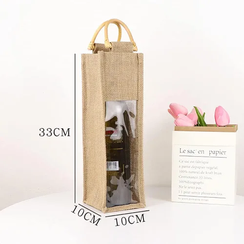 Miniatura 4 de Vpang Bolsa ecológica para botella de vino de arpillera con mango de bastón, bolsa de yute para embalaje de regalo, dulces, decoraciones navideñas