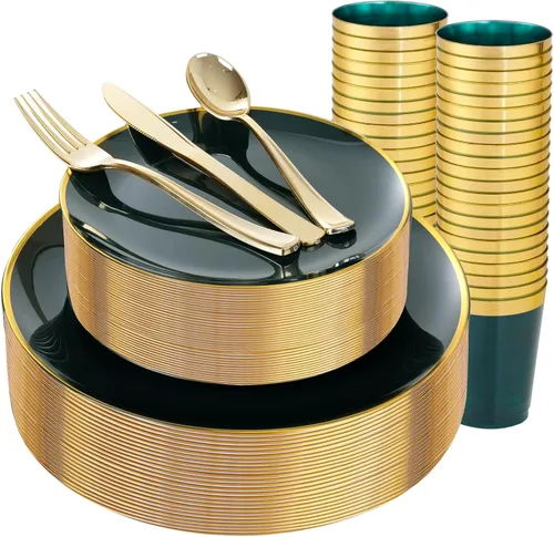 Miniatura 13 de LIYH - Juego de vajilla de plástico desechable de 180 piezas, color blanco y dorado, cubiertos de plástico dorados, platos desechables resistentes