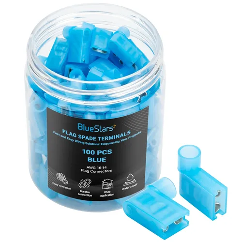BlueStars 100 terminales de pala de bandera azul hembra, AWG 16-14, 400 V, 15 A, kit de conectores eléctricos de nailon para bandera de desconexión