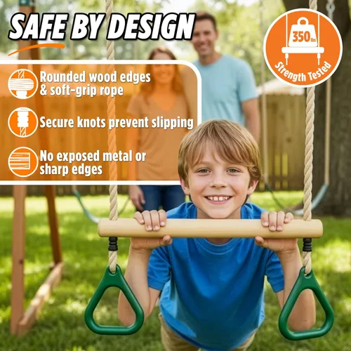 Miniatura 3 de Barra de trapecio de trapecio de madera para niños - 45,7 cm de altura ajustable Barras de mono con anillos de juego conjunto de columpio - Carrera