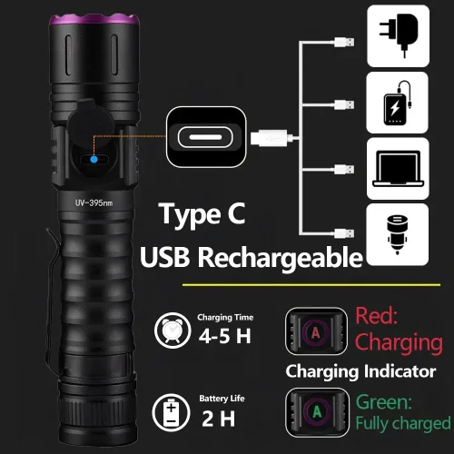 Miniatura 3 de ALONEFIRE SV87 395nm Linterna UV Zoom 5W Tipo C USB recargable luz negra detector de dinero para curado de resina, detección de orina de mascotas