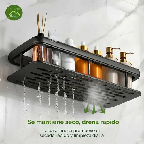 Miniatura 6 de EVALAND Paquete de 2 soportes adhesivos para ducha con ganchos y barra para toallas, color negro, estantes de ducha de baño de alta calidad