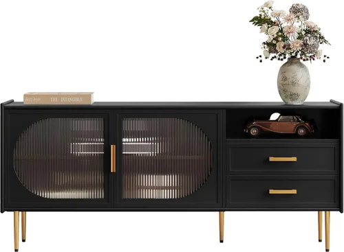 ARTPOWER Soporte de TV moderno de 60" para televisores de 55/60/65 pulgadas, mesa de consola de TV con puertas de vidrio y cajones, centro de