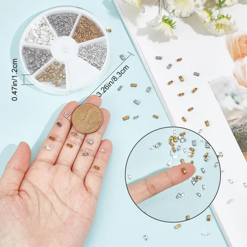 Miniatura 3 de CREATCABIN 420 cuentas de Tila de 2 agujeros, 6 estilos, mezcla de cuentas de vidrio, cuadradas, rectangulares, mini, opacas, con recipiente