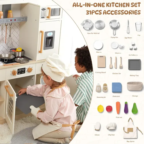 Miniatura 3 de Freniland Cocina de juego de madera, juego de cocina para niños con luz y sonido reales, máquina de hielo realista, estufa y horno, juguete