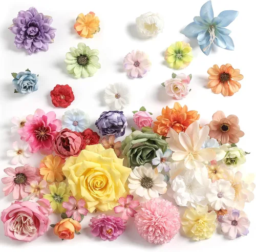 Miniatura 11 de rongflower Cabezas de flores falsas para manualidades, rosas artificiales de seda negra, peonías, margaritas y cabezas florales (paquete de 48)