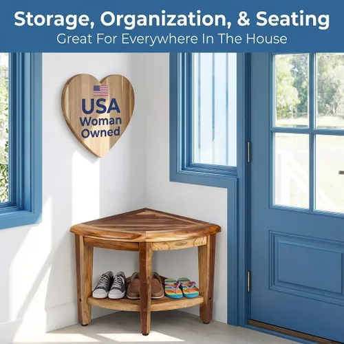 Miniatura 9 de EcoDecors Organizador de esquina de teca para ducha de 18 pulgadas, organizador de almacenamiento de madera impermeable con estante integrado