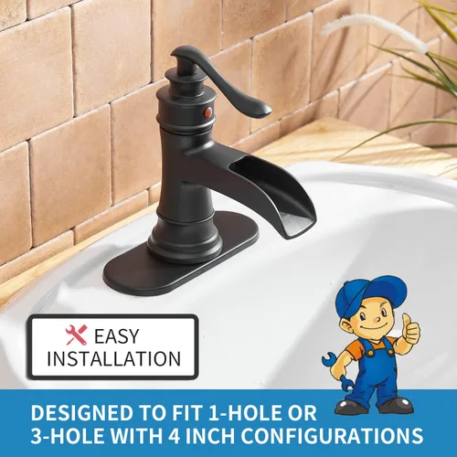 Miniatura 5 de BWE Grifo de baño en cascada negro mate con drenaje desplegable con placa de cubierta de una sola manija para tocador de 1 o 3 agujeros, grifo