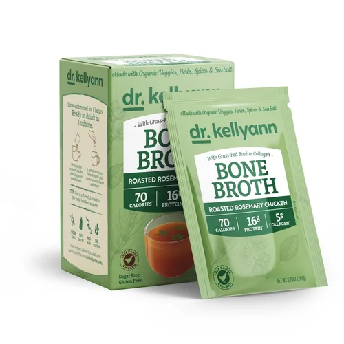 Dr. Kellyann Paquetes de caldo de hueso de pollo al romero asado (7 porciones) – 0.63 oz de proteína, colágeno alimentado con pasto, apto para dieta