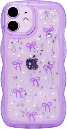 Miniatura 66 de Qokey Funda para iPhone 12 Pro Max de 6.7 pulgadas, diseño de onda rizada, borde transparente, brillante con purpurina, estrella brillante, bonita