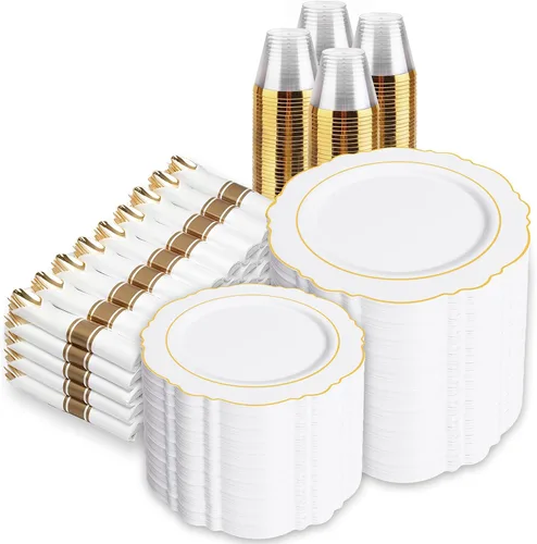 Liacere 700 PCS Platos de Plástico Dorados - Juegos de Vajilla Barroca para 100 Invitados - 200 Platos Desechables (10 pulgadas, 7 pulgadas), 300