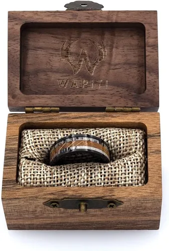 Miniatura 2 de Wapiti Incrustación de cuerno, turquesa y barril de whisky en anillo de tungsteno con caja de anillo incluida, Cuernos Madera de barril de whisky