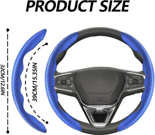 Miniatura 2 de 2 fundas de volante de fibra de carbono de ajuste universal, antideslizante, protector de volante segmentado, accesorios interiores de automóvil Azul