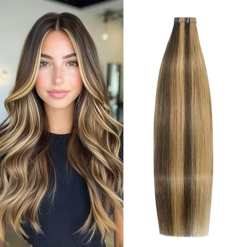 Miniatura 10 de Extensiones de cabello humano adhesivas, sedosas y lacias, 100% Remy, color marrón oscuro, para mujeres, 20 unidades por paquete