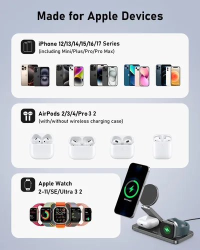 Miniatura 8 de VBA Estación de carga inalámbrica 3 en 1 para cargador Apple MagSafe, soporte de cargador inalámbrico magnético plegable de carga rápida, cargador