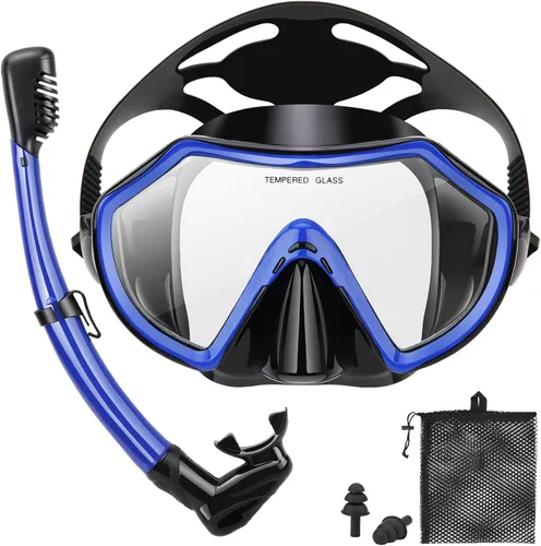 Snorkeling Gear for Adults, Dry Adult Snorkel Set HD Panoramic View Snorkel Mask Set, Anti-Leak and Anti-Fog Scuba Diving Package with Mesh Bag Ear