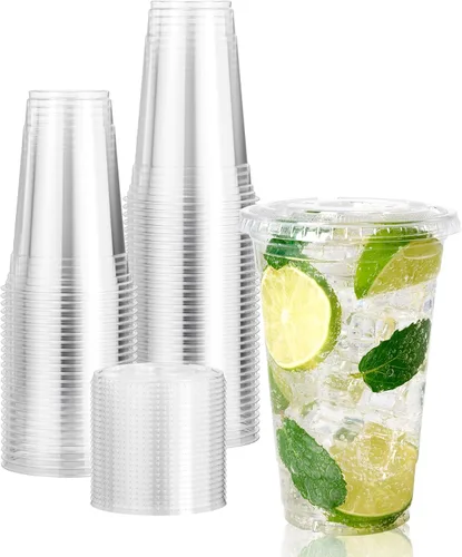 Vplus Paquete de 160 vasos de plástico transparente PET de 20 onzas con tapas, vasos de plástico desechables en frío de 20 onzas con tapas planas,