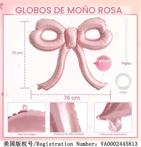 Miniatura 2 de 4 piezas de globos de moño rosa, decoración de fiesta de moño para mujeres, globos de cumpleaños rosa para mujeres, globo gigante de papel