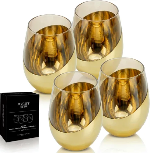 MyGift Copas de vino sin tallo marrón ahumado de mediados de siglo de 18 onzas con detalles de latón en ángulo, tazas de cóctel de vidrio ámbar