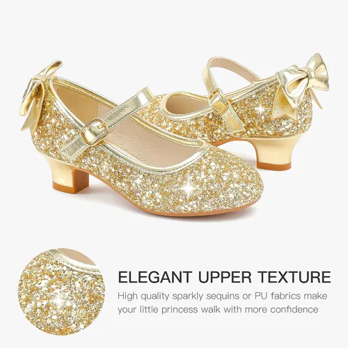 Miniatura 4 de Dufannie Zapatos de vestir para niñas, zapatos de tacón bajo de princesa, zapatos planos con purpurina para bodas y fiestas