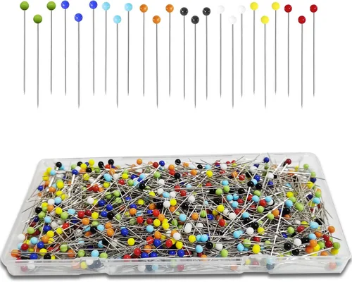 600 alfileres de costura (mejorados), alfileres rectos de 1.5 pulgadas con cabeza de vidrio de bola de color de 0.15 pulgadas, alfileres de