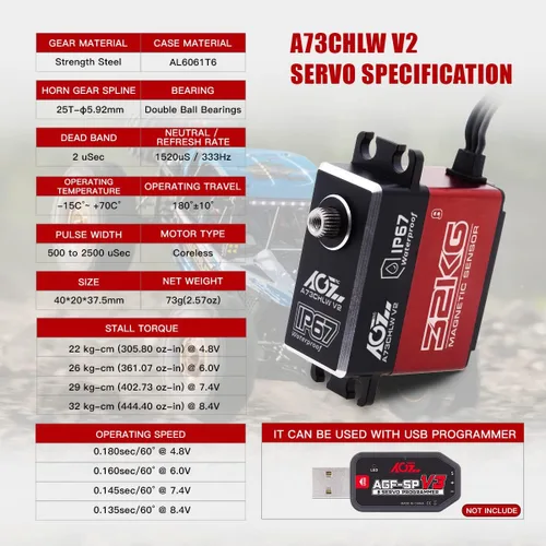 Miniatura 2 de AGFRC A73CHLW V2 70.5 lbs Servo de dirección RC sin núcleo de alto esfuerzo de torsión y programador servo AGF-SPV3
