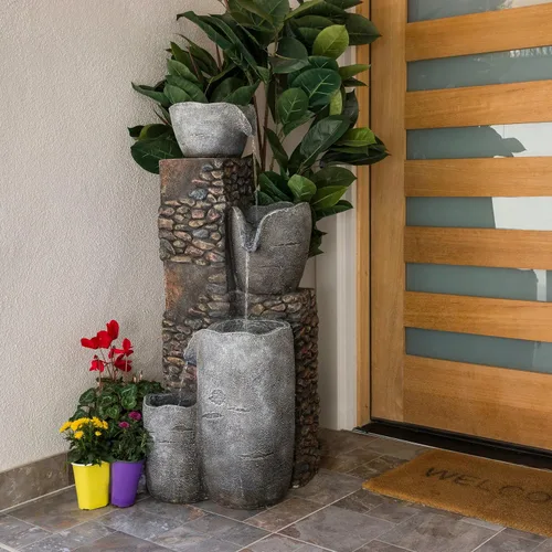 Miniatura 15 de Alpine Corporation TZL390 Elegante fuente de cascada de cuencos de 5 niveles para exteriores con luces LED para jardín, patio, jardín trasero