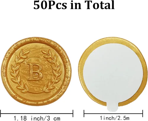 Miniatura 2 de 50 piezas de pegatinas adhesivas de sello de cera doradas letra B, hechas a mano, no necesita sello de cera, pegatinas de cera para rasgar y usar