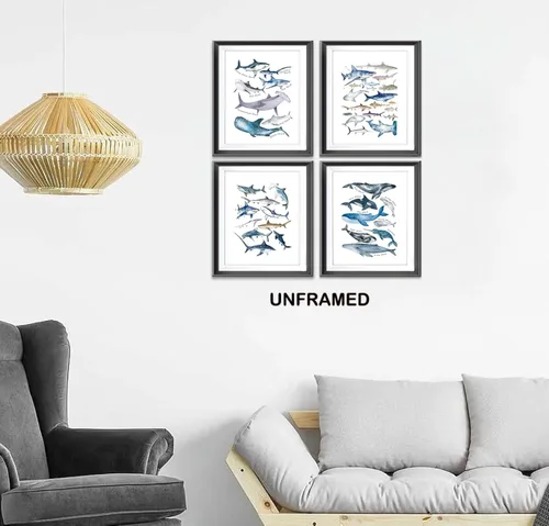 Miniatura 2 de Póster de acuarela de tiburones rústicos ballenas y animales del océano azul para el hogar, casa costera, dormitorio, guardería, decoración
