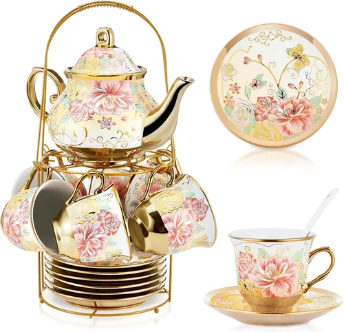 Miniatura 26 de Zhehao Juego de té de porcelana de 20 piezas con soporte de metal y cuchara para adultos, juego de té de cerámica para adultos, pintura de flores