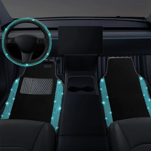 Miniatura 2 de NBTEPEM Juego completo de alfombrillas brillantes para piso de automóvil y funda para volante, ajuste universal para la mayoría de los automóviles