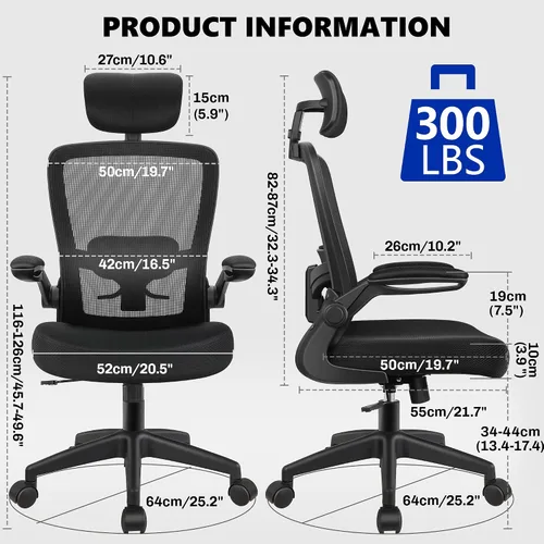 Miniatura 2 de Silla de oficina ergonómica de escritorio, sillas de oficina de malla con respaldo alto con reposacabezas ajustable y brazos abatibles, cómoda silla