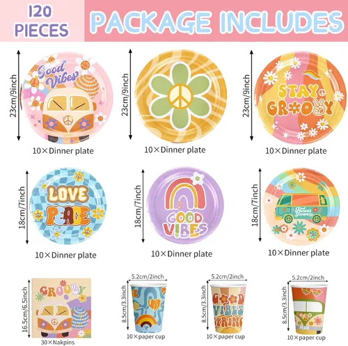 Miniatura 2 de Juego de vajilla de 120 piezas para fiesta de estilo bohemio hippie con margaritas que incluye platos, servilletas y tazas para decoración de fiesta
