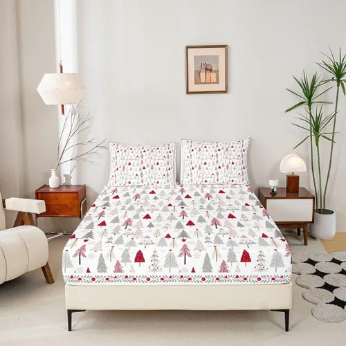 Miniatura 5 de Manfei Juego de sábanas de Feliz Navidad, tamaño individual, diseño rústico de pinos de dibujos animados, decoración de habitación de niños