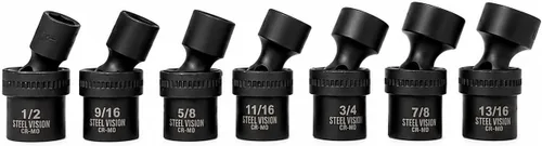 Steel Vision Juego de llaves giratorias Dr. Impact de 7 piezas de 1/2", enchufes giratorios universales, 6 puntos, 13,14,15,17,18,19,21 in, Cr-Mo,